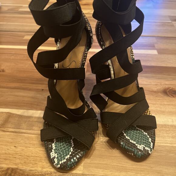 Jessica Simpson Jyra 2 Sandal Blk Snake Elastic High Stiletto Heel Pumps 7 1/2 - Picture 1 of 8